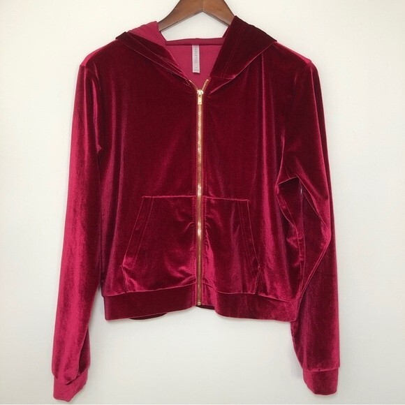 Fabletics Jacket Womens Medium Red Cranberry Velour Donna Zip Up Kangaroo Pocket - Picture 1 of 12
